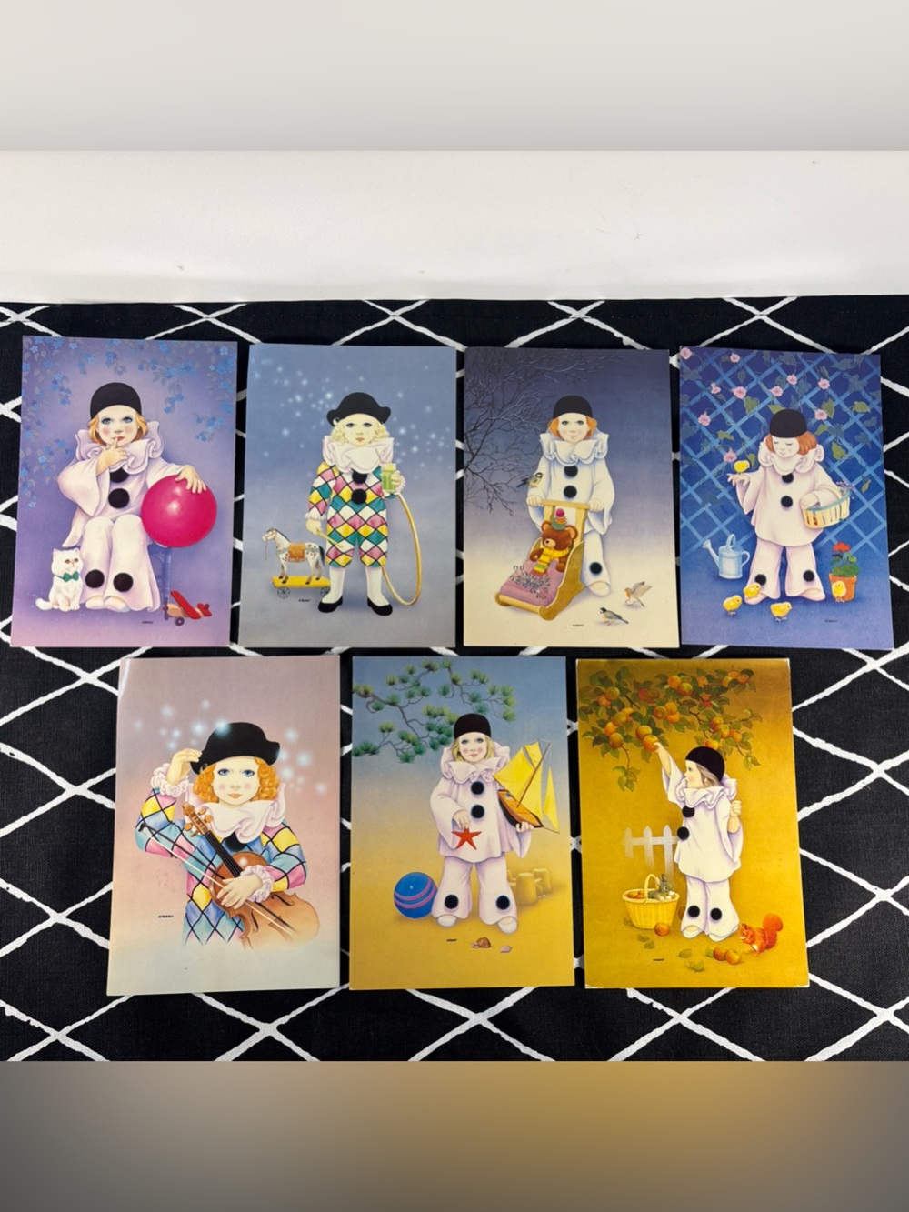 7 Vintage 1980s Pierrot Baby Love Postcards Michel Oks Paris France 🎭